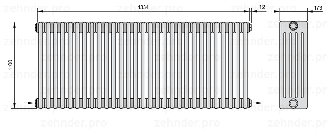 Схема (чертеж) Радиатор Zehnder Charleston 5110/29 №2670 Белый глянцевый RAL 9016